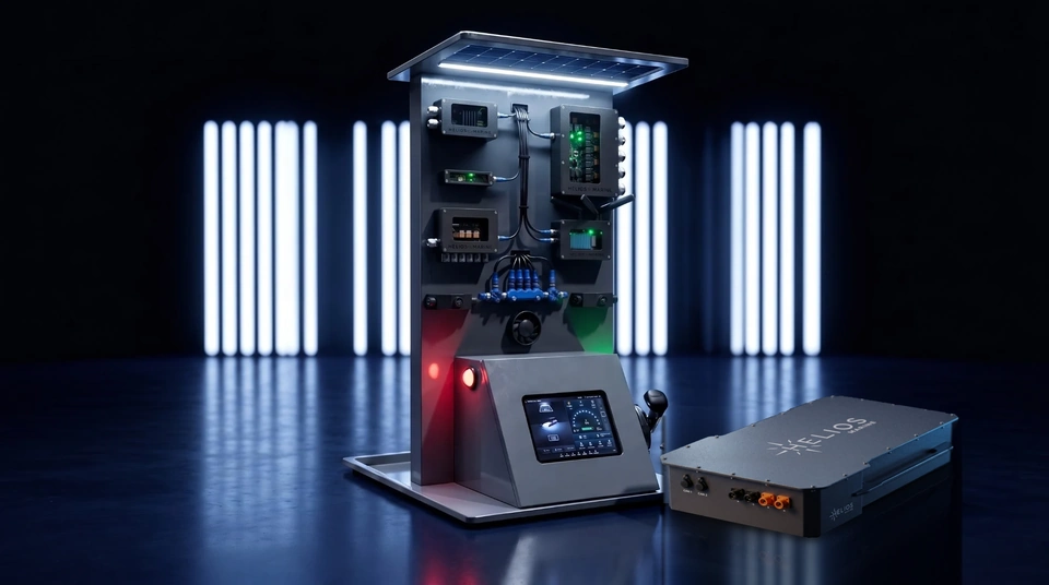 Helios Marine Ecosystem console with solar canopy, connected components, dashboard, throttle and battery.